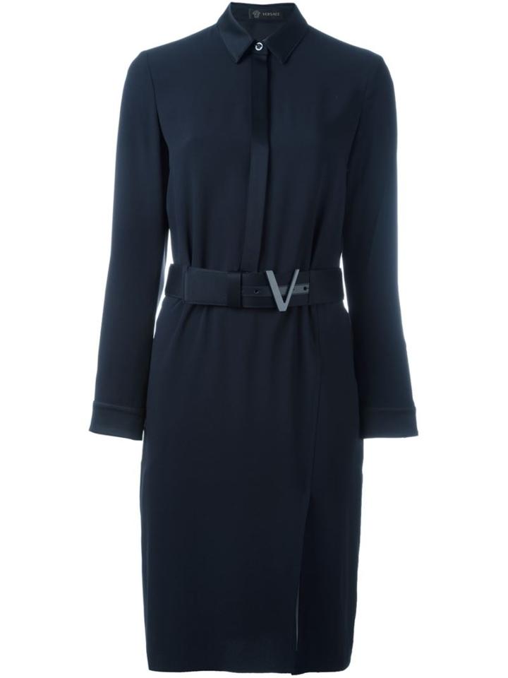 Versace Belted Shirt Dress, Women's, Size: 44, Blue, Acetate/viscose/leather
