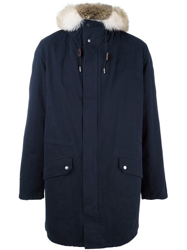Yves Salomon Homme Loose-fit Hooded Coat, Adult Unisex, Size: 44, Blue, Cotton/rabbit Fur/acrylic/coyote Fur
