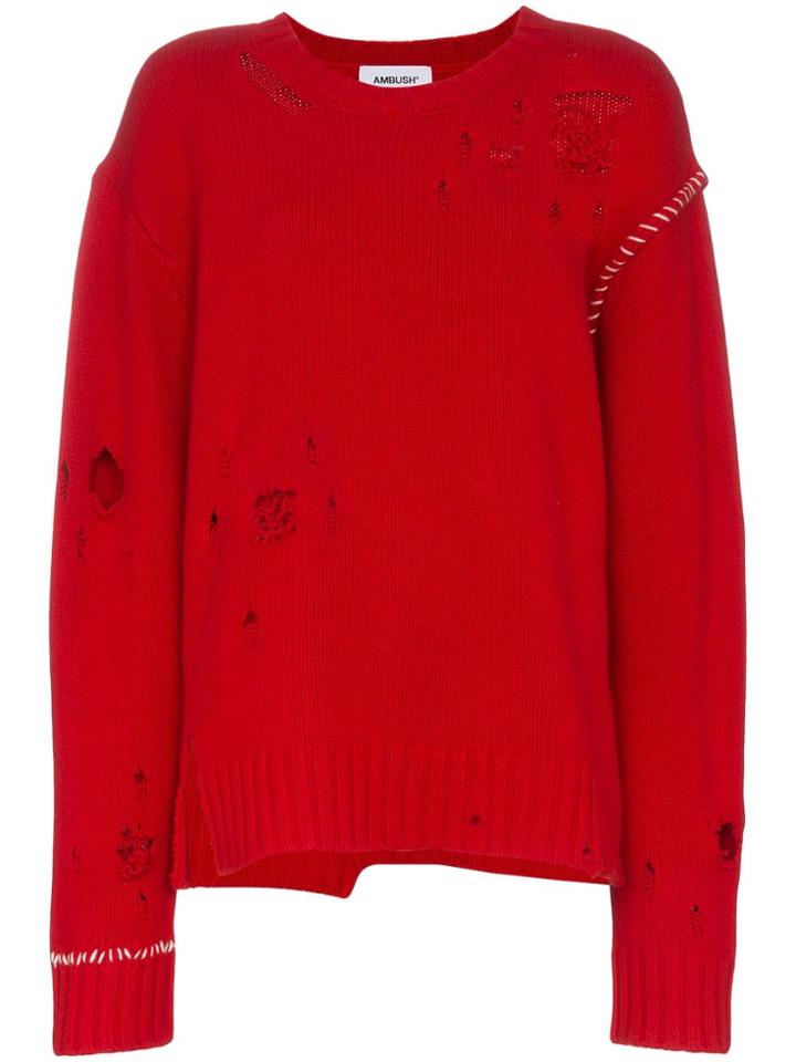 Ambush Red Distressed Ribbed Wool Jumper