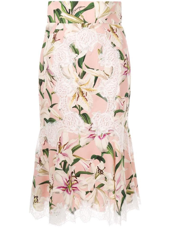 Dolce & Gabbana Lily Print Lace Detailed Skirt - Pink