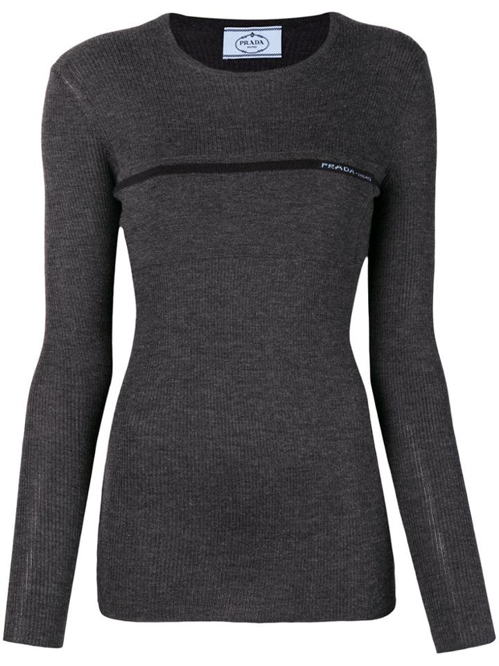 Prada Ribbed Knit Slim Fit Sweater - Grey