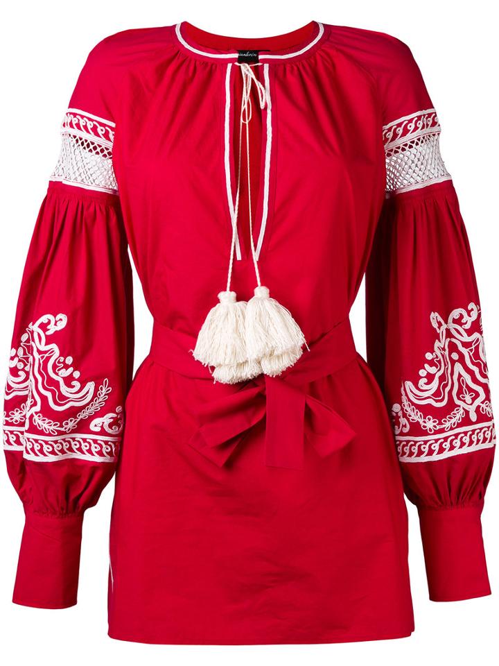 Wandering - Embroidered Poet Sleeve Mini Dress - Women - Cotton - 42, Red, Cotton