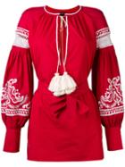Wandering - Embroidered Poet Sleeve Mini Dress - Women - Cotton - 42, Red, Cotton
