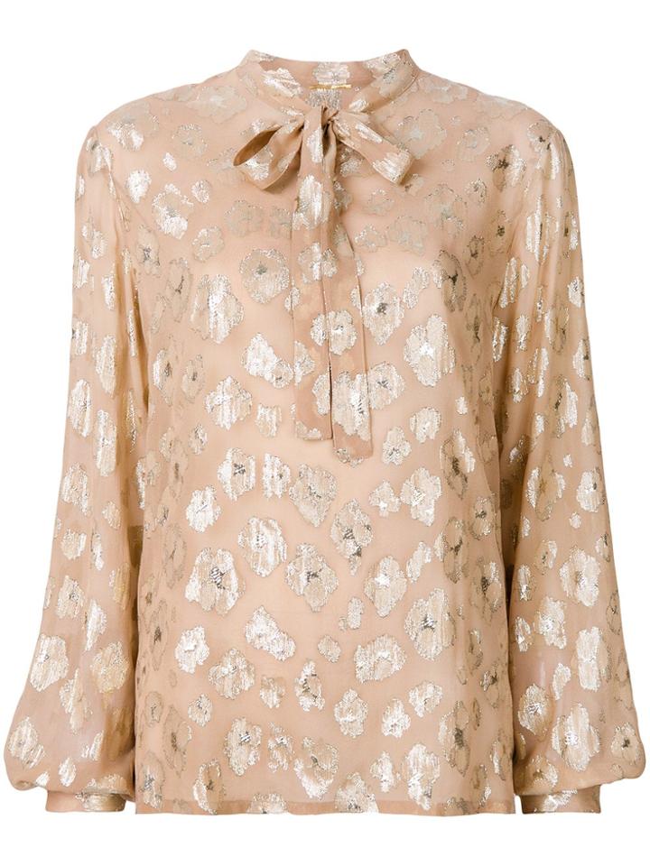 Saint Laurent Foiled Floral Tie Neck Blouse - Neutrals
