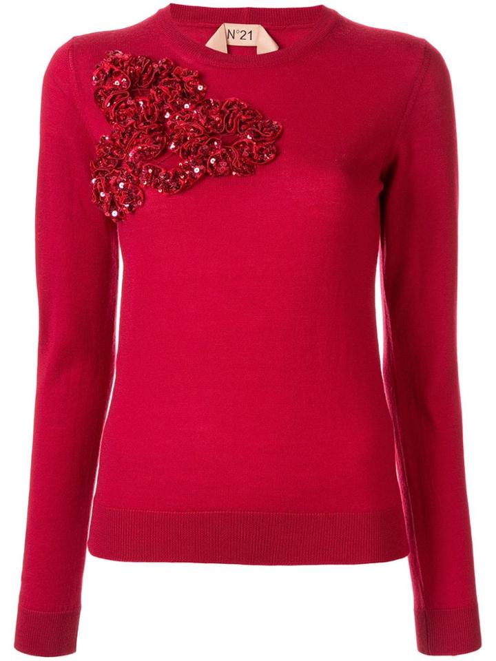 Nº21 Sequinned Ruffle Sweater - Red
