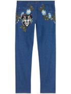 Gucci Tapered Denim Pant With Embroidery - Blue