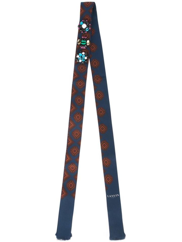 Lanvin Thin Embellished Pattern Scarf, Women's, Blue, Silk/brass/plexiglass/glass