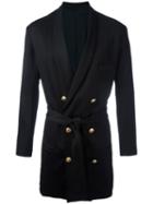 Balmain Tie-waist Double Breasted Coat, Men's, Size: 48, Black, Viscose/polyamide/spandex/elastane