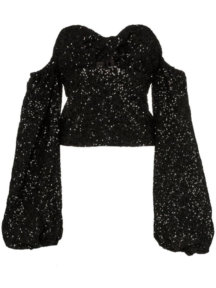 Attico Sequin Puff-sleeve Top - Black