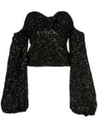 Attico Sequin Puff-sleeve Top - Black