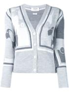 Thom Browne Intarsia V-neck Cardigan, Women's, Size: 38, Grey, Wool