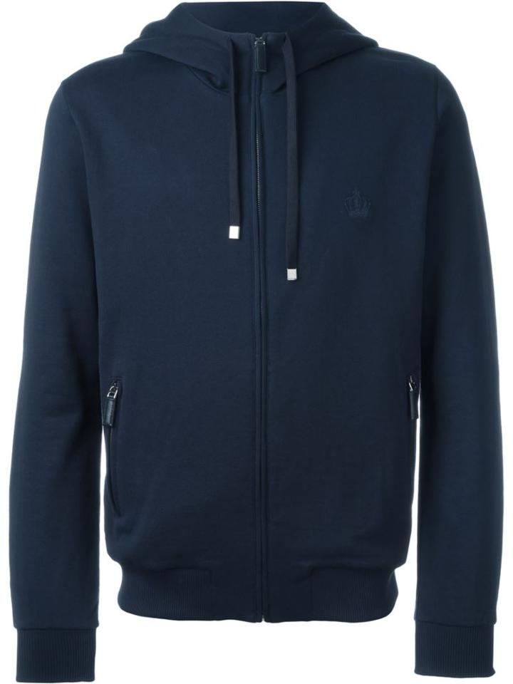 Dolce & Gabbana Embroidered Crown Zip Hoodie, Men's, Size: 48, Blue, Cotton