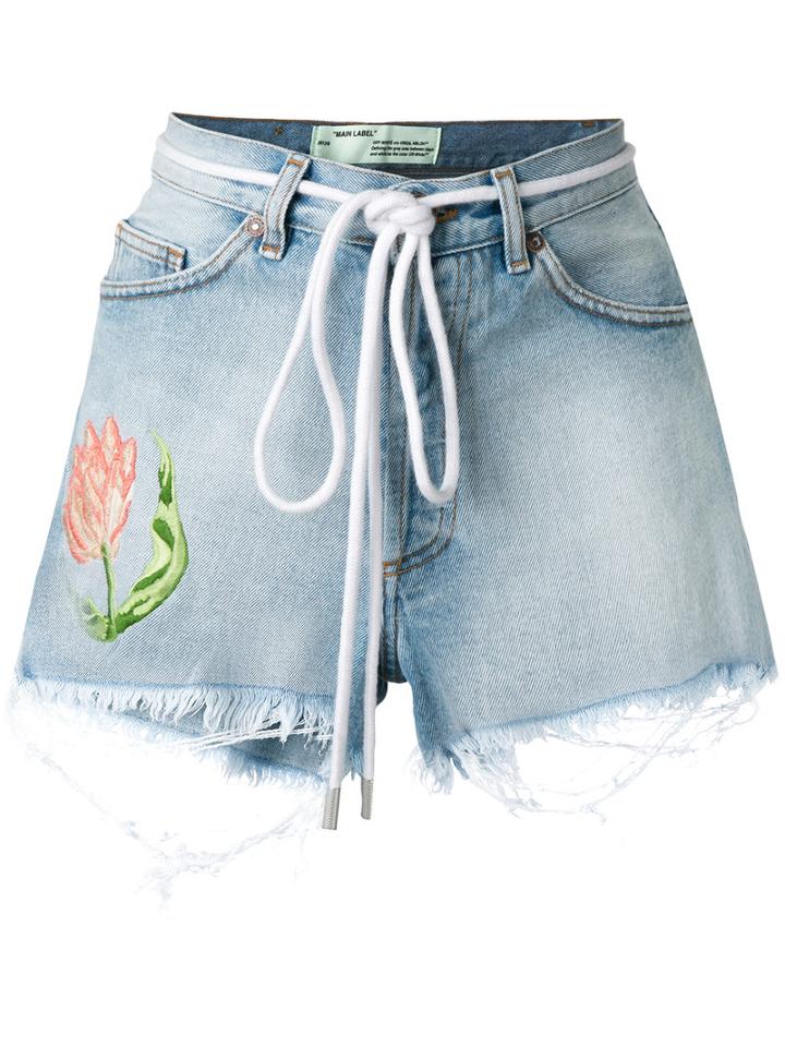 Off-white - Embroidered Flower Shorts - Women - Cotton - 27, Blue, Cotton