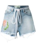 Off-white - Embroidered Flower Shorts - Women - Cotton - 27, Blue, Cotton