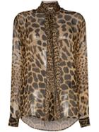 Saint Laurent Leopard Sheer Silk Tie Neck Blouse - Brown