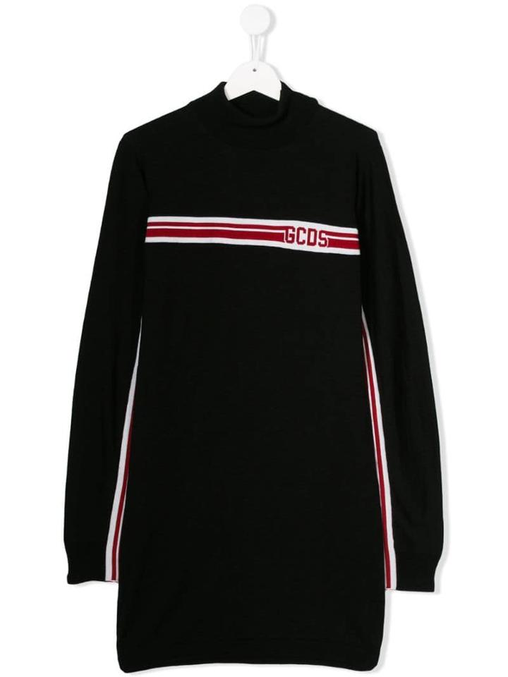 Gcds Kids Teen Contrast Striped Logo Dress - Black