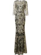 Marchesa Notte Brocade Long Dress, Women's, Size: 10, Black, Nylon