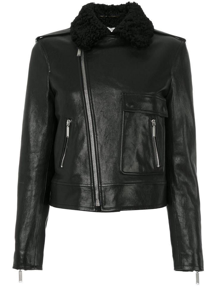 Saint Laurent - Shearling Collar Motorcycle Jacket - Women - Cotton/lamb Skin/cupro - 36, Black, Cotton/lamb Skin/cupro
