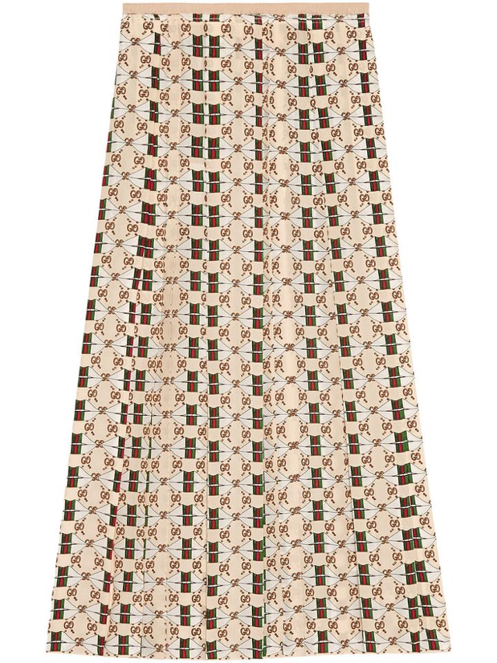 Gucci Silk Skirt With Web Kisses Print - Nude & Neutrals