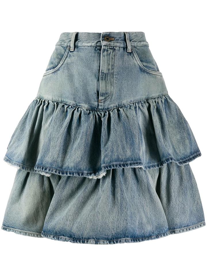 Miu Miu High Rise Ruffled Denim Skirt - Blue