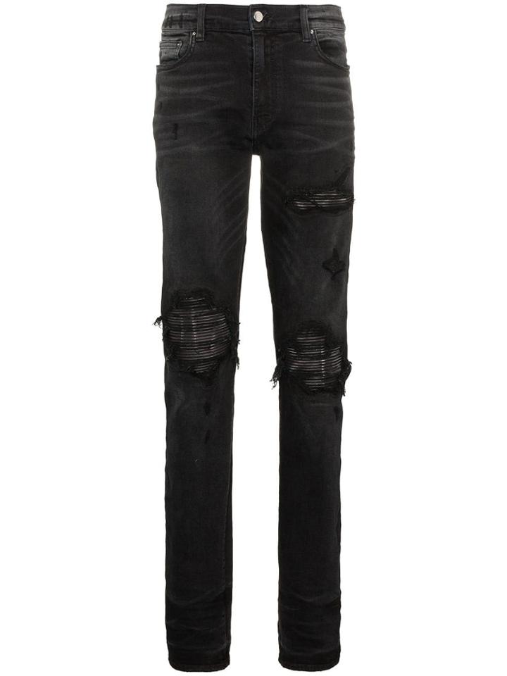 Amiri Slim-fit Distressed Cotton And Leather Jeans - Black