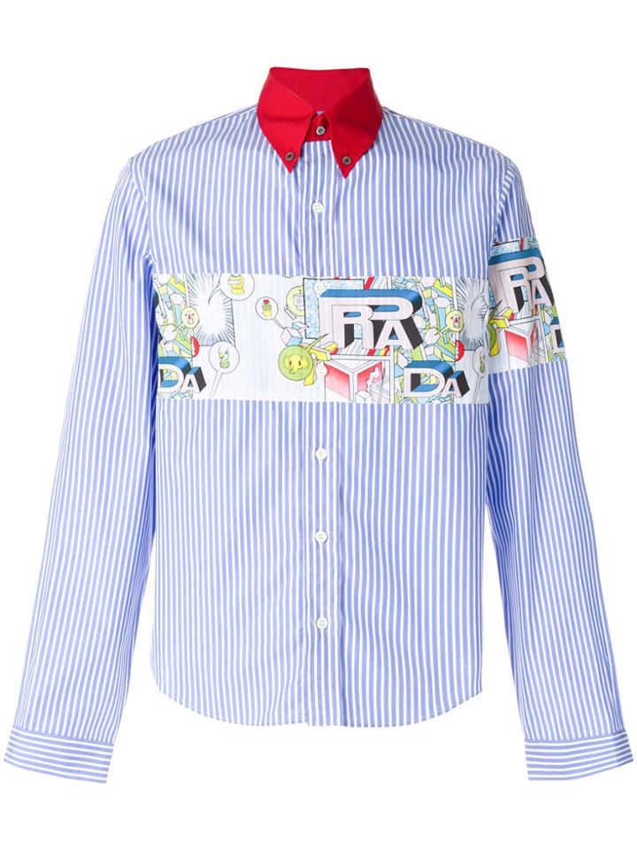 Prada Logo Print Striped Shirt - Blue