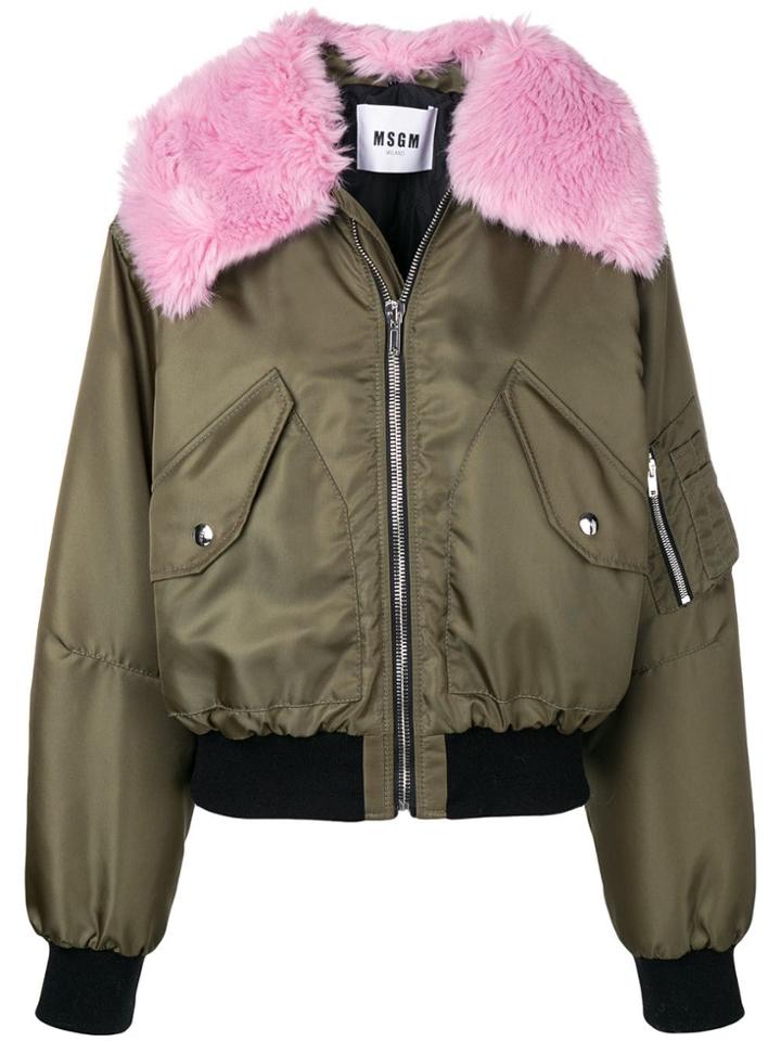 Msgm Faux Fur Trimmed Bomber Jacket - Green