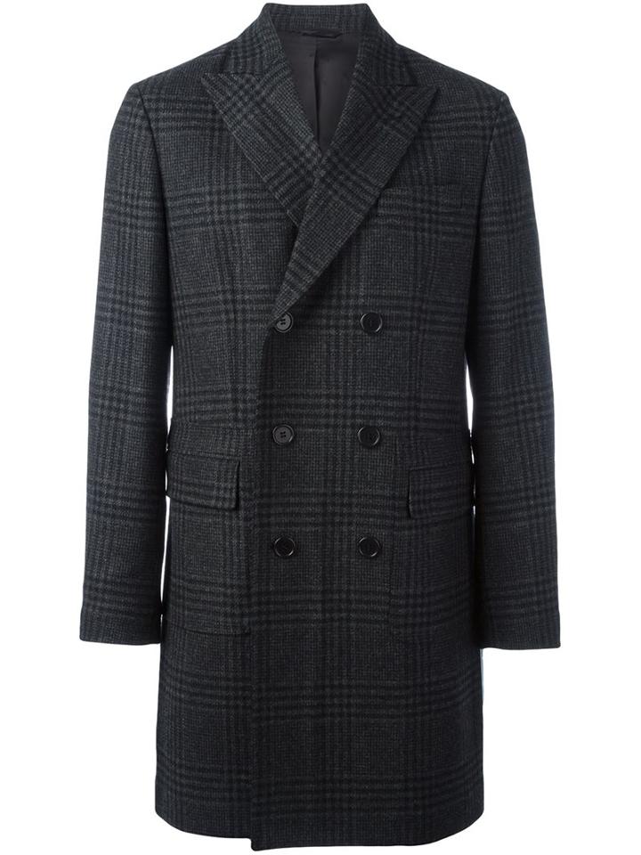 Aspesi Checked Double Breasted Coat, Men's, Size: Large, Grey, Viscose/wool