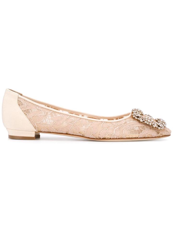 Manolo Blahnik Hangisi Lace Ballerinas - Neutrals