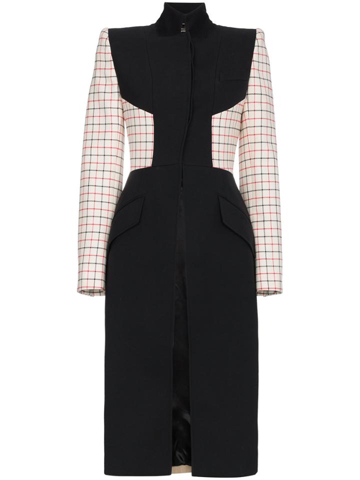 Alexander Mcqueen Multi Fabric Check Wool Silk Blend Coat - Black
