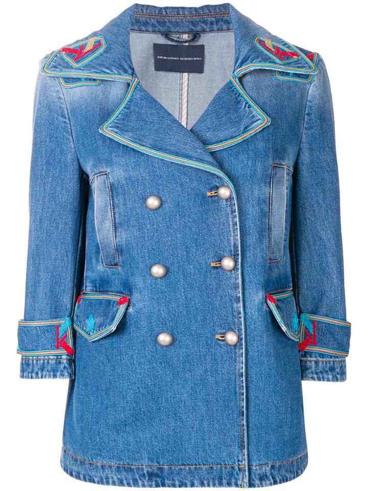 Ermanno Scervino Contrast Embroidered Denim Jacket - Blue