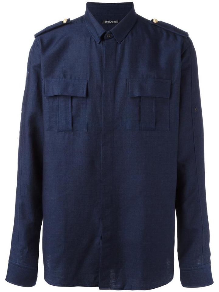 Balmain Concealed Fastening Shirt, Men's, Size: 39, Blue, Cotton/wool