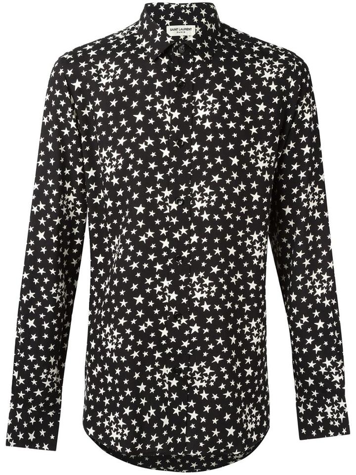 Saint Laurent Signature Dylan Collar Printed Shirt, Men's, Size: 42, Black, Viscose