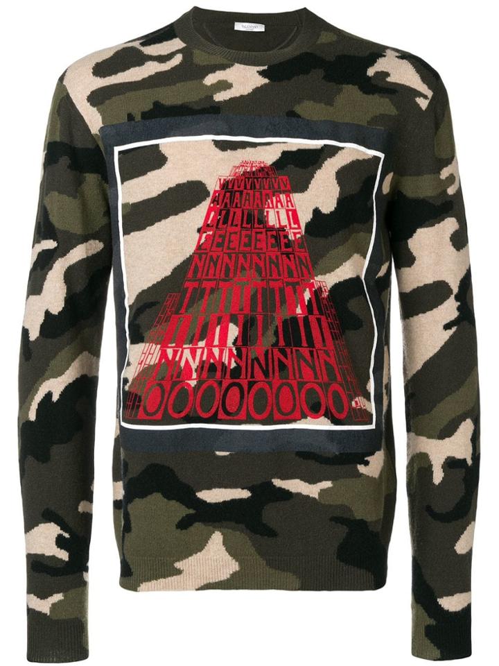 Valentino Logo Camouflage Intarsia Jumper - Green