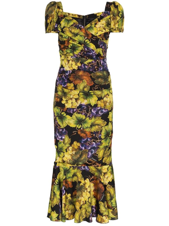 Dolce & Gabbana Grape-print Fluted Midi Dress - Green