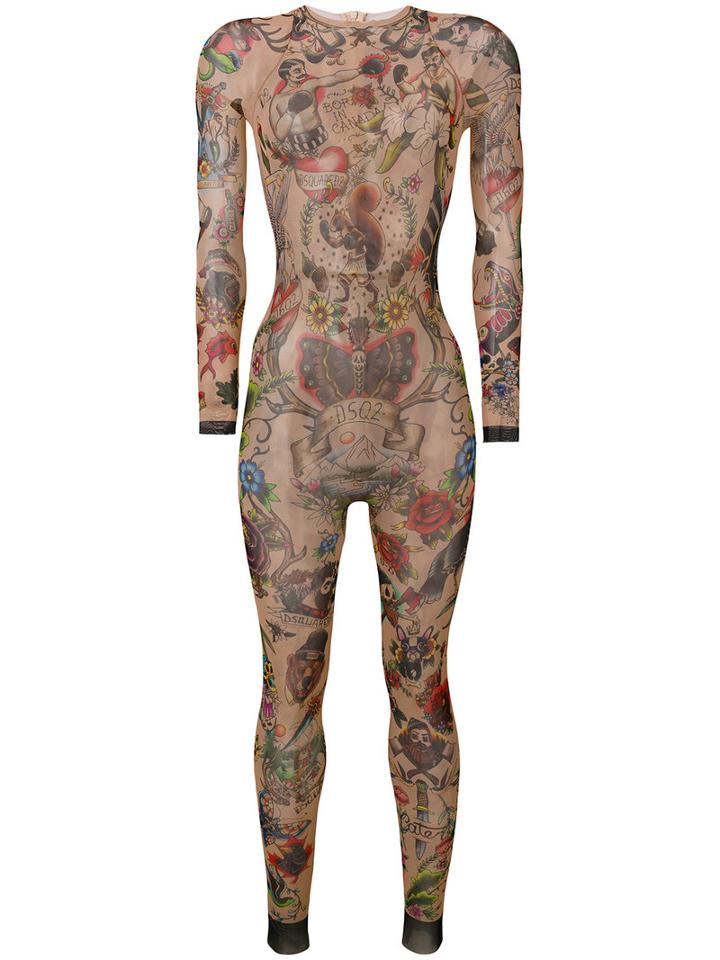 Dsquared2 - Tattoo Print Bodysuit - Women - Polyamide/spandex/elastane - M, Beige, Polyamide/spandex/elastane