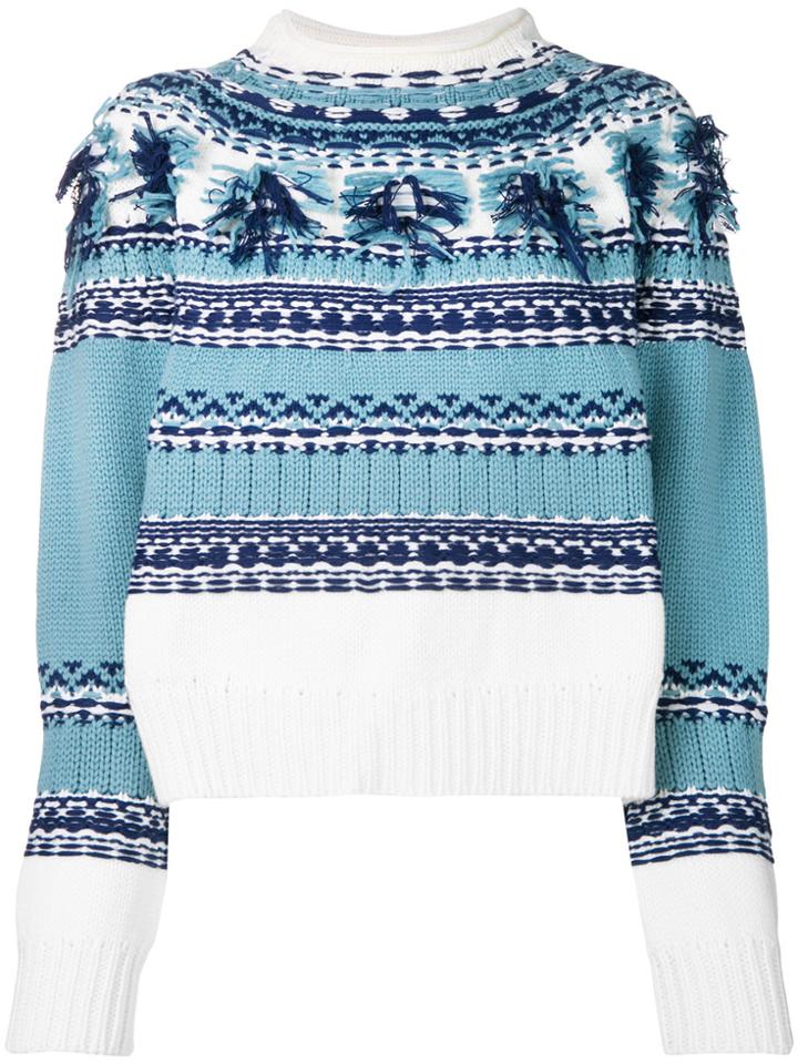 Ports 1961 Fringed Detail Jacquard Sweater - Blue