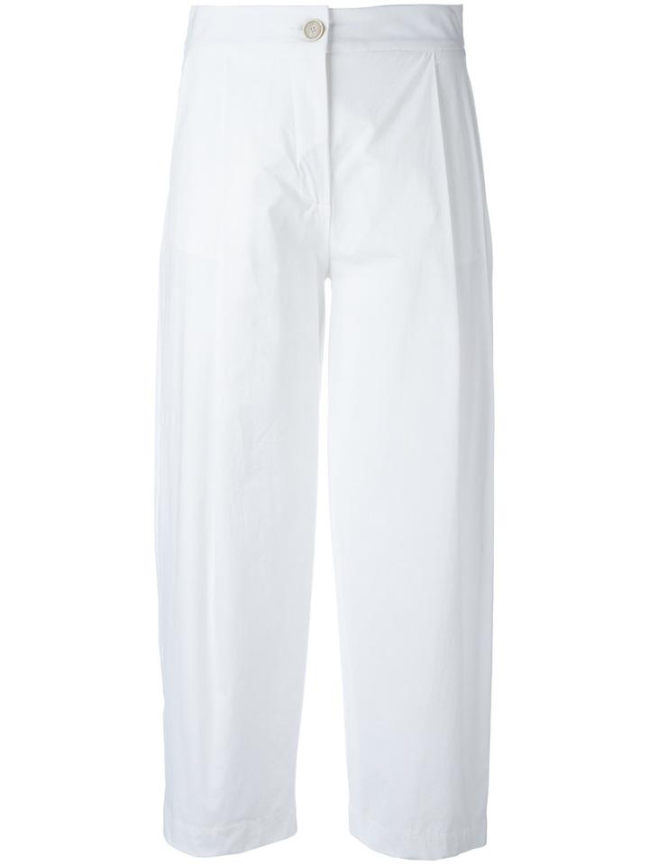 Erika Cavallini Pleat Detail Cropped Trousers, Women's, Size: 44, White, Cotton/spandex/elastane