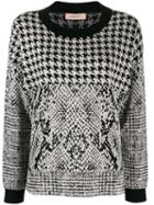 Twin-set Houndstooth And Animal Pattern Jacquard Sweater - Black