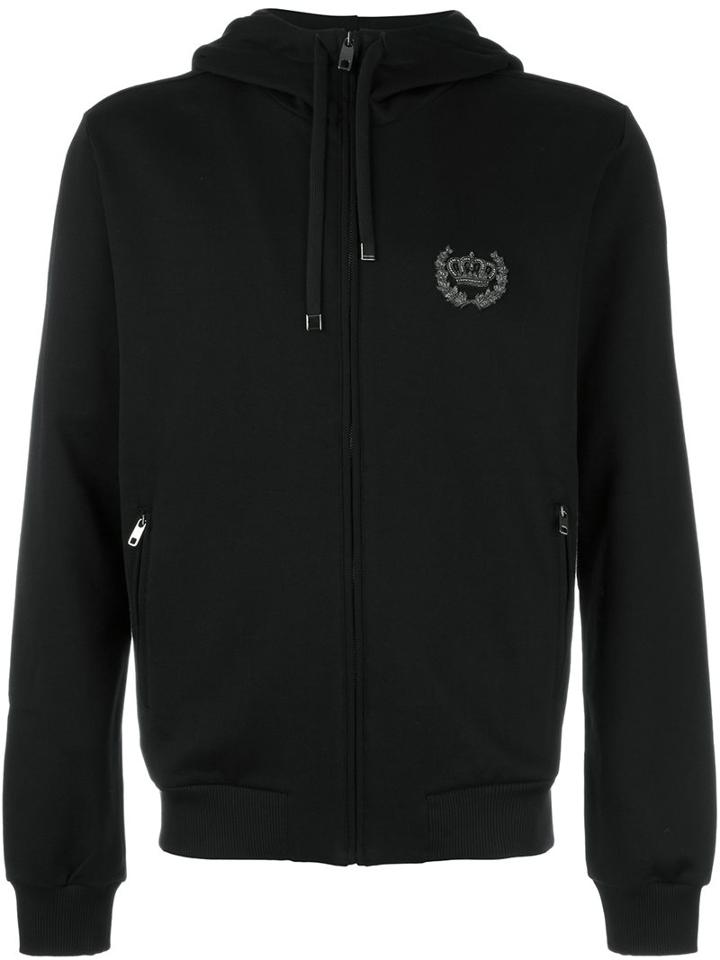 Dolce & Gabbana Embroidered Crown Zip Hoodie, Men's, Size: 50, Black, Cotton/polyester/metallic Fibre/copper