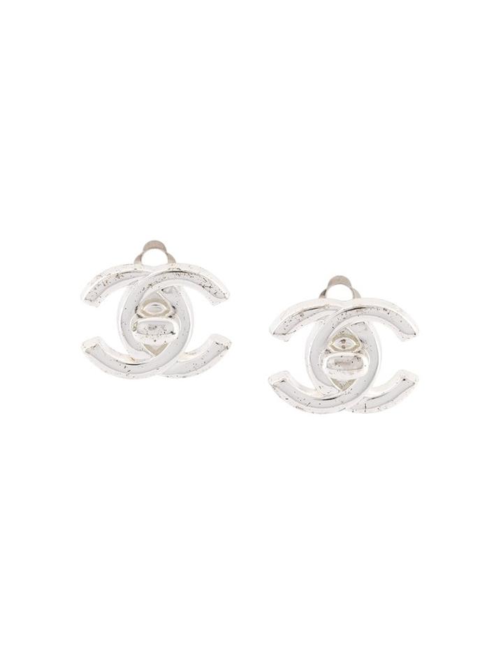 Chanel Vintage Turn-lock Logo Clip-on Earrings, Women's, Metallic