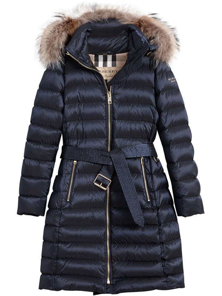 Burberry Fur Trim Quilted Coat - Blue