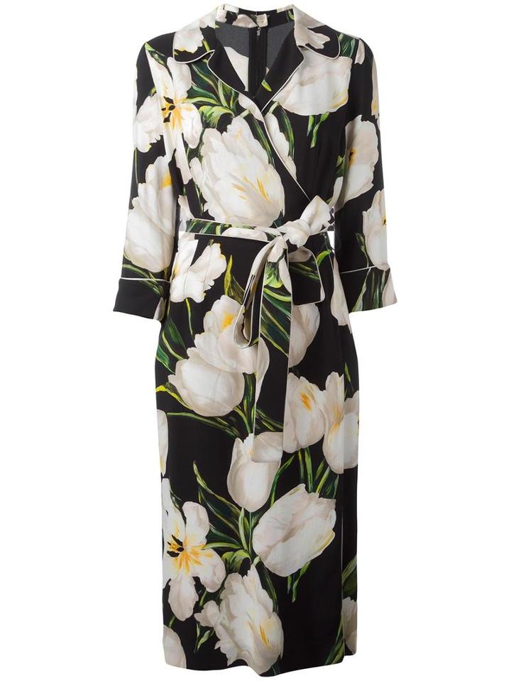 Dolce & Gabbana Tulip Print Wrap Dress, Women's, Size: 42, Black, Silk/rayon