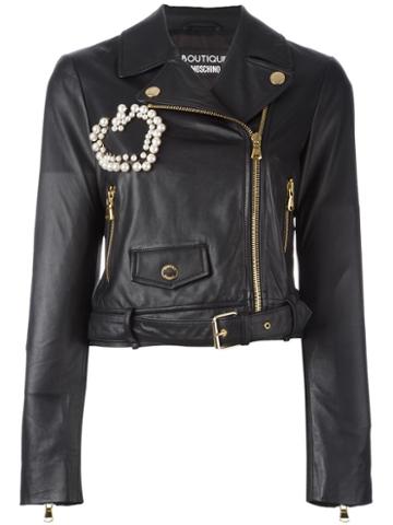 Boutique Moschino Pearl Embellished Biker Jacket, Women's, Size: 42, Black, Sheep Skin/shearling/polyester