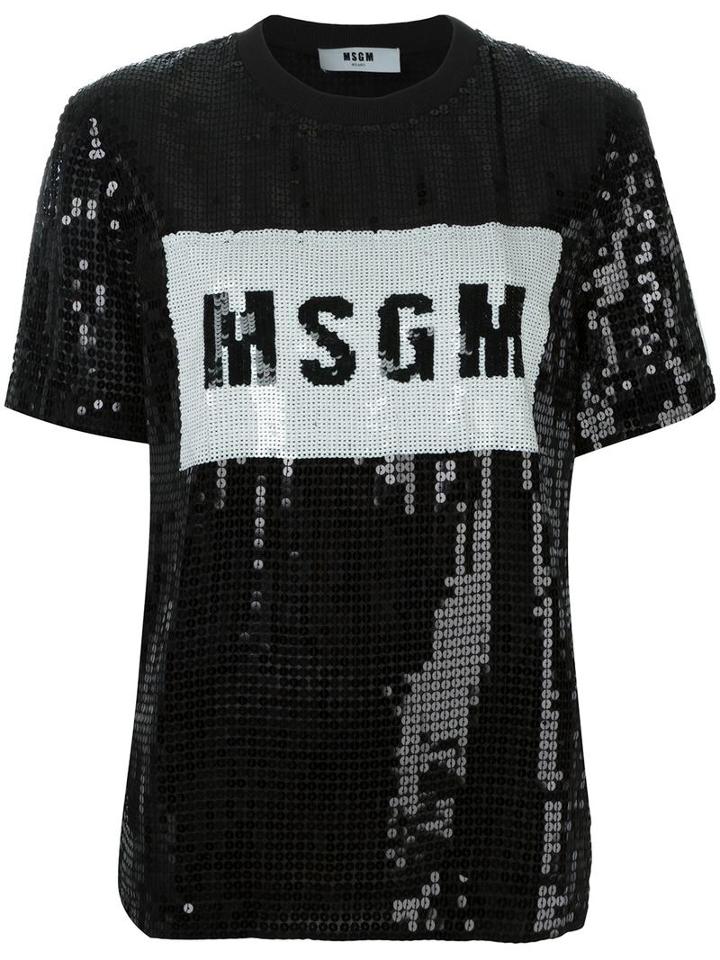 Msgm Sequined T-shirt, Women's, Size: 44, Black, Polyester/polyimide