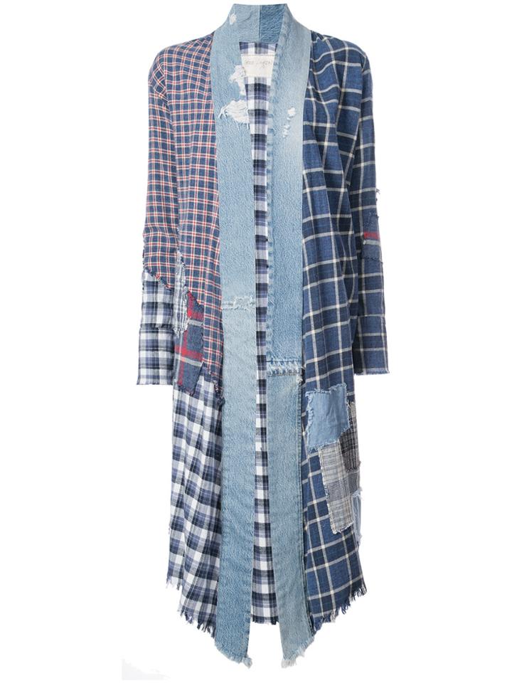 Greg Lauren Patched Check Denim Duster - Blue