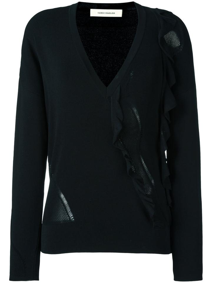 Cédric Charlier Ruffled V-neck Jumper, Women's, Size: 40, Black, Rayon/polyester