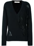Cédric Charlier Ruffled V-neck Jumper, Women's, Size: 40, Black, Rayon/polyester