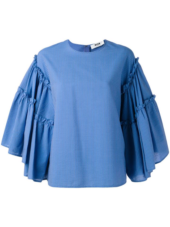 Msgm - Striped Ruffle Sleeve Top - Women - Cotton/polyester - 44, Women's, Blue, Cotton/polyester
