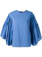 Msgm - Striped Ruffle Sleeve Top - Women - Cotton/polyester - 44, Women's, Blue, Cotton/polyester
